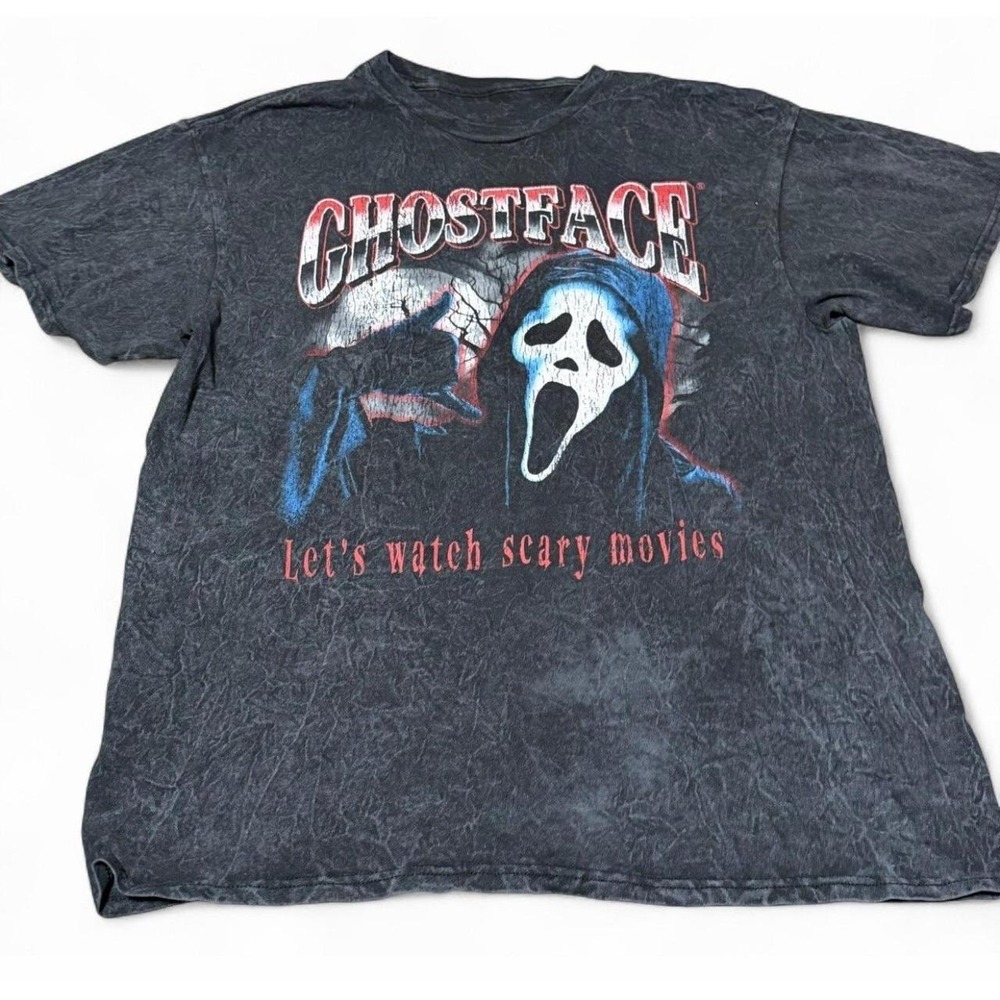 Ghostface Scream T Shirt Mens L Black Acid Wash Let's Watch Scary Movies Horror